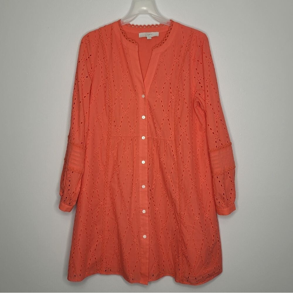 Loft coral eyelet lace trim button front vacation swing summer dress size medium - Picture 3 of 9